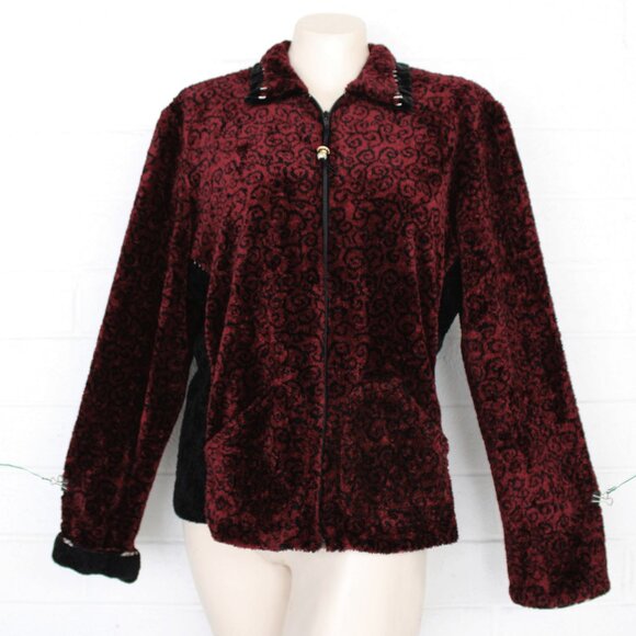 K.D.Spring M L Burgundy Black Chenille Asian Themed Zip Front Casual Jacket - Picture 2 of 11